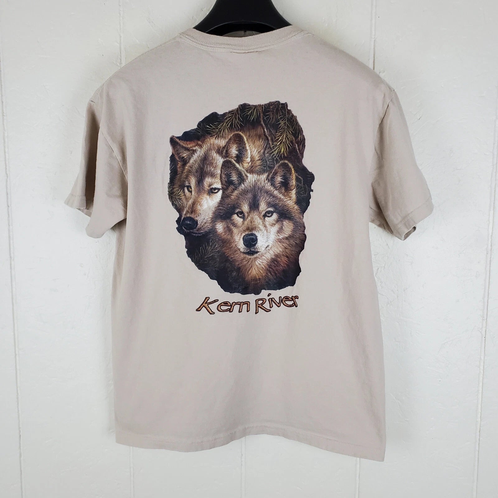 Kern River Shirt Men Medium Beige Graphic Crew Neck Short Sleeve Stretch Outdoor