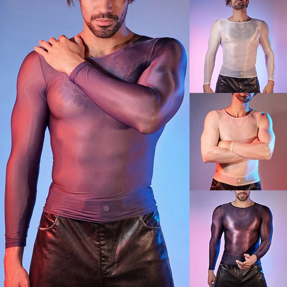 Stylish Men's Long Sleeve Top O Neck in Oil Shiny Material for Casual Wear