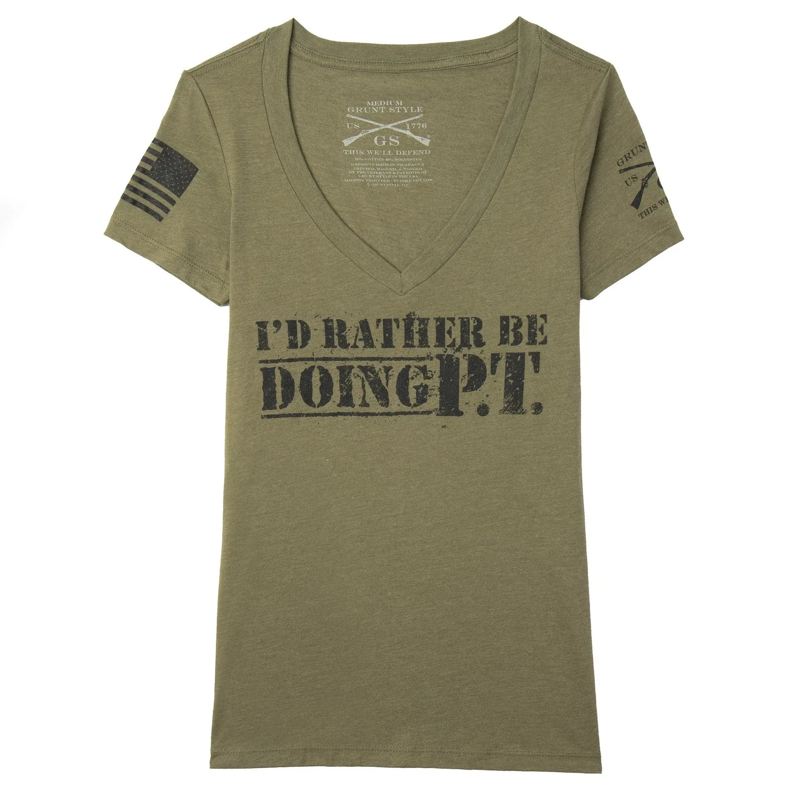 Grunt Style Women's I'd Rather Be Doing PT V-Neck T-Shirt - Military Green