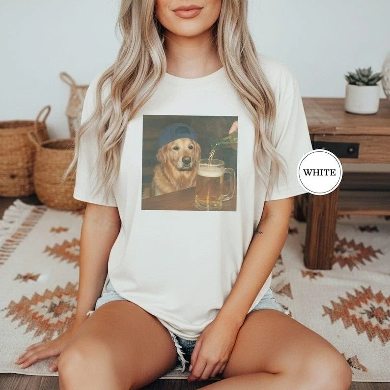 Funny Golden Retriever Drinking Beer Shirt, Dog Meme Graphic Tee, Silly Novelty