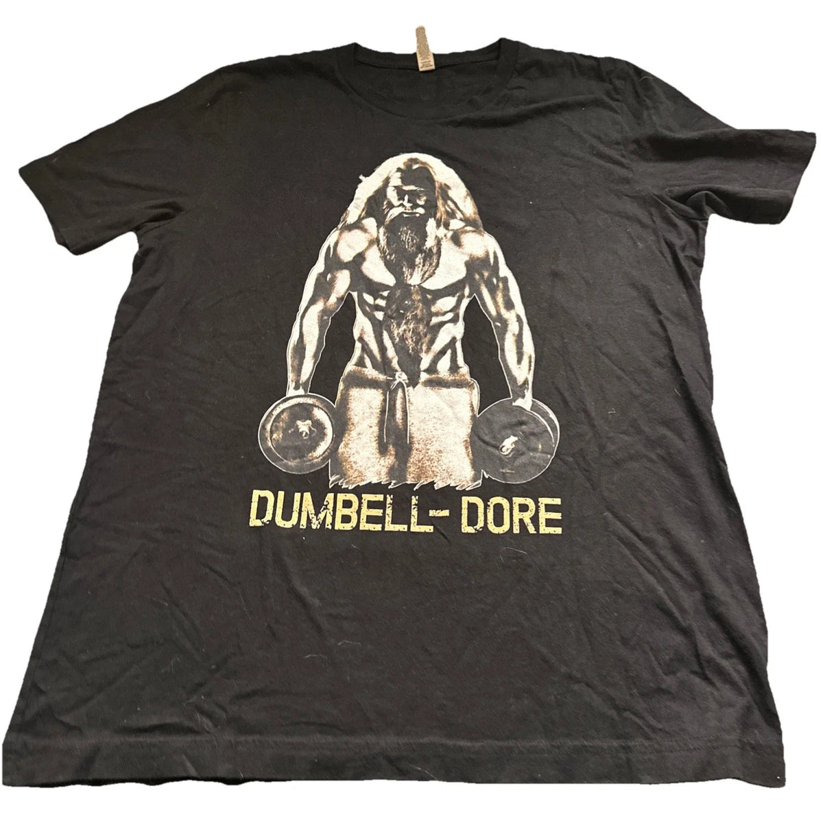 Canvas T-Shirt Men's Size Large Black ‘Dumbell-Dore’ Short-Sleeve Round Crewneck