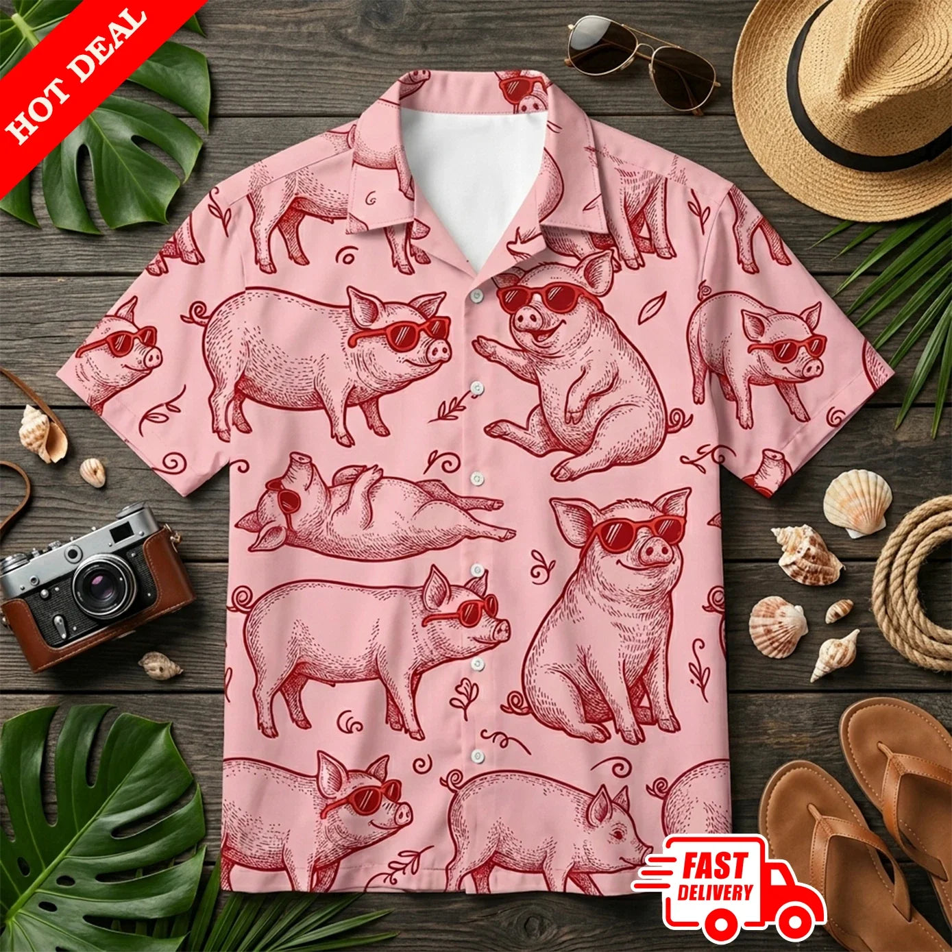 Funny Pig With Sunglasses Mens Pink Hawaiian Shirt Aloha Button Down Beach Party
