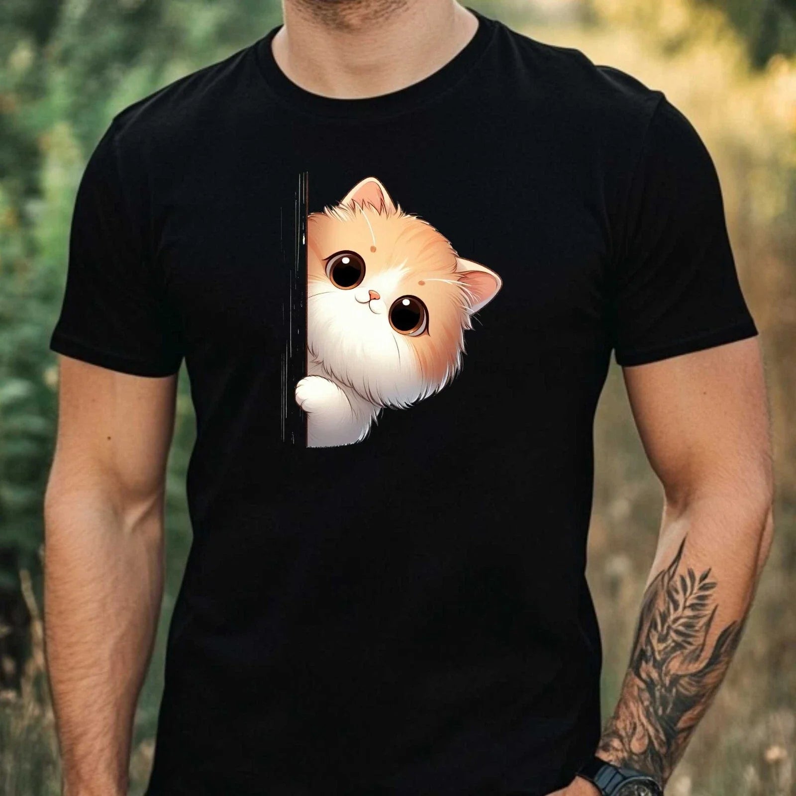 Mens Cat Looking Around Motif Cotton T-Shirt Size XS to 5XL