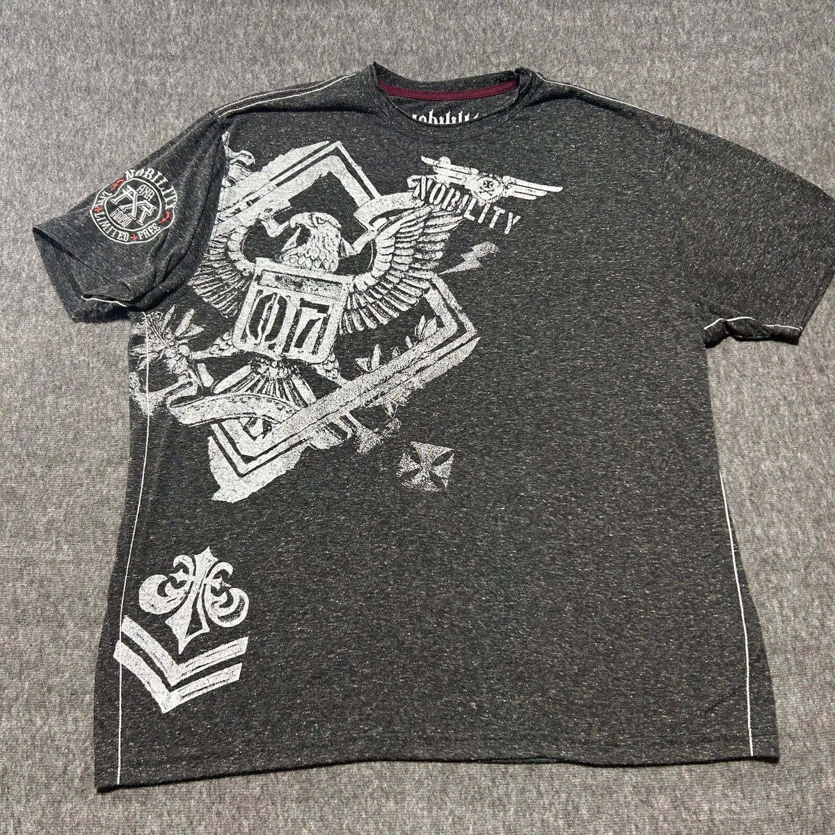 Nobility Mens Shirt Grey XX-LargeAll Over Graphic Eagle Embroidered 2XL Y2K