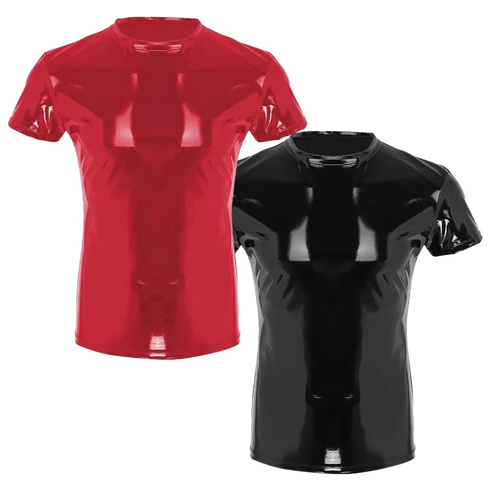 Fashionable Mens Clubwear T Shirt Top In Shiny Wet Look Faux Leather And PVC