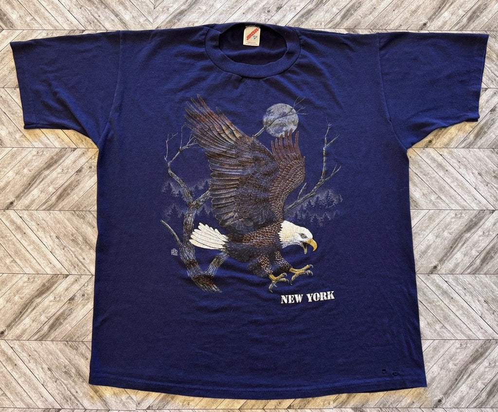 VTG New York T-Shirt Mens XL Blue USA Bald Eagle Moon Streetwear Nature Y2K NYC