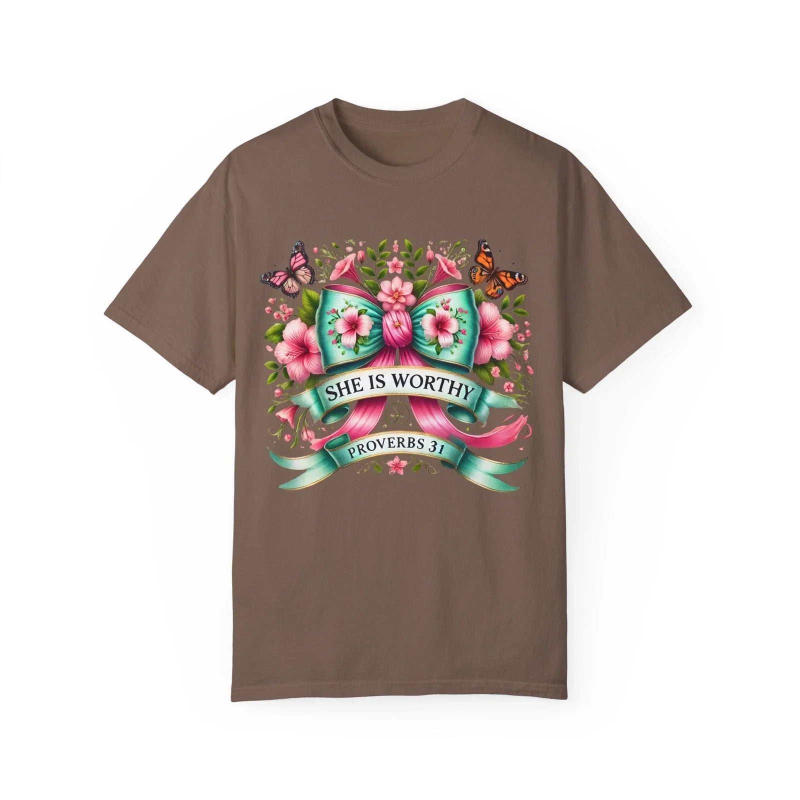 She is Worthy T-shirt, coquette bow butterfly  tee Floral Shirt, Proverbs 31