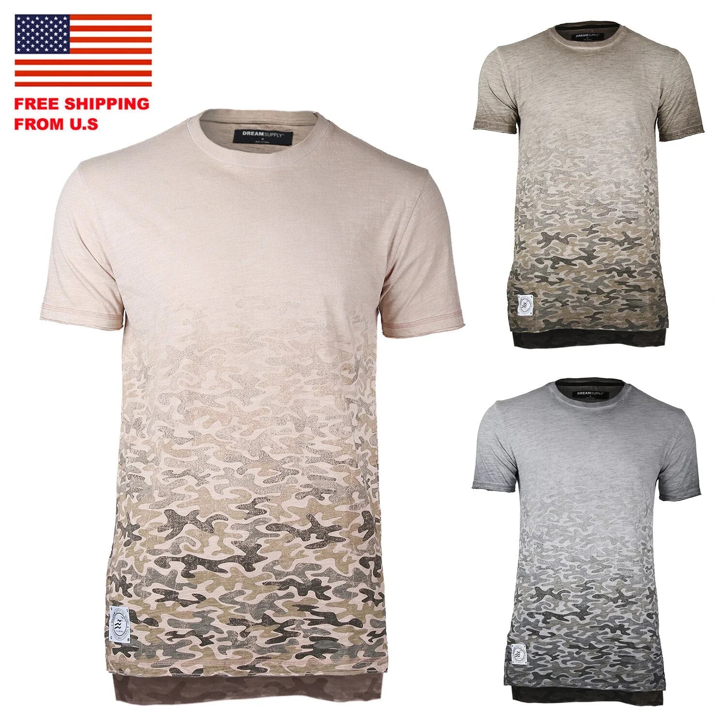 ZIMEGO Mens Short Sleeve Camouflage Longline Hipster Side Slit Oil Wash T-shirts
