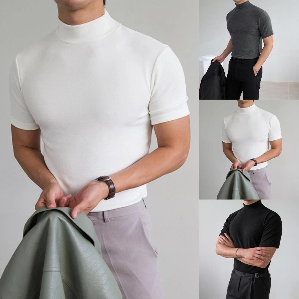 Half High Collar Men's T Shirt Slim Fit Breathable Fabric Casual Daily Wear