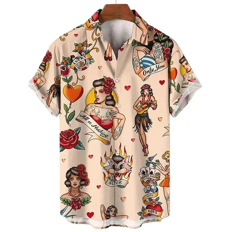 Mens Button Down Cream Rockabilly Pin Up Tattoo Flash Top Novelty Summer Shirt