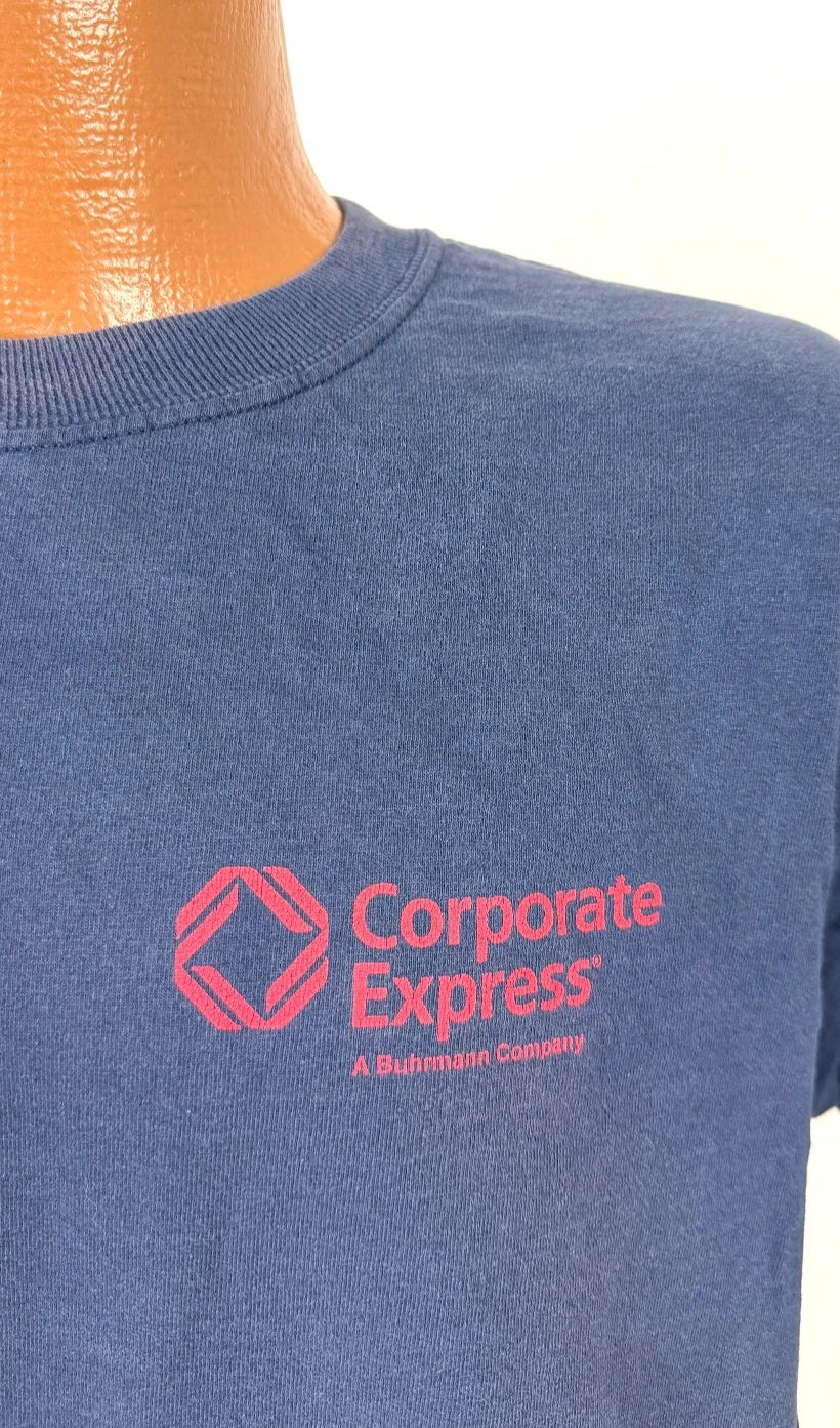 Vintage 90s Corporate Express Shirt Large Office Tech Novelty Grunge Faded Navy