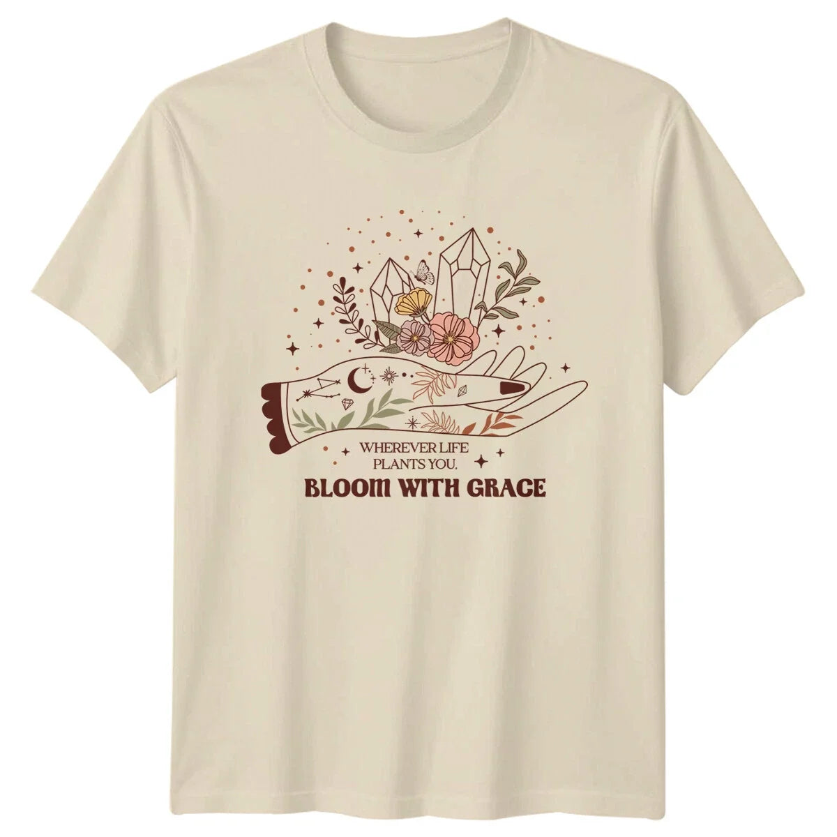 Wherever Life Plants You Bloom With Grace Boho Celestial T-Shirt