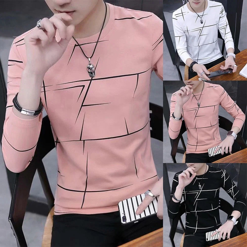 Mens T-Shirt Crew Neck Print Shirt Pullover Long Sleeve Slim Muscle Top  New