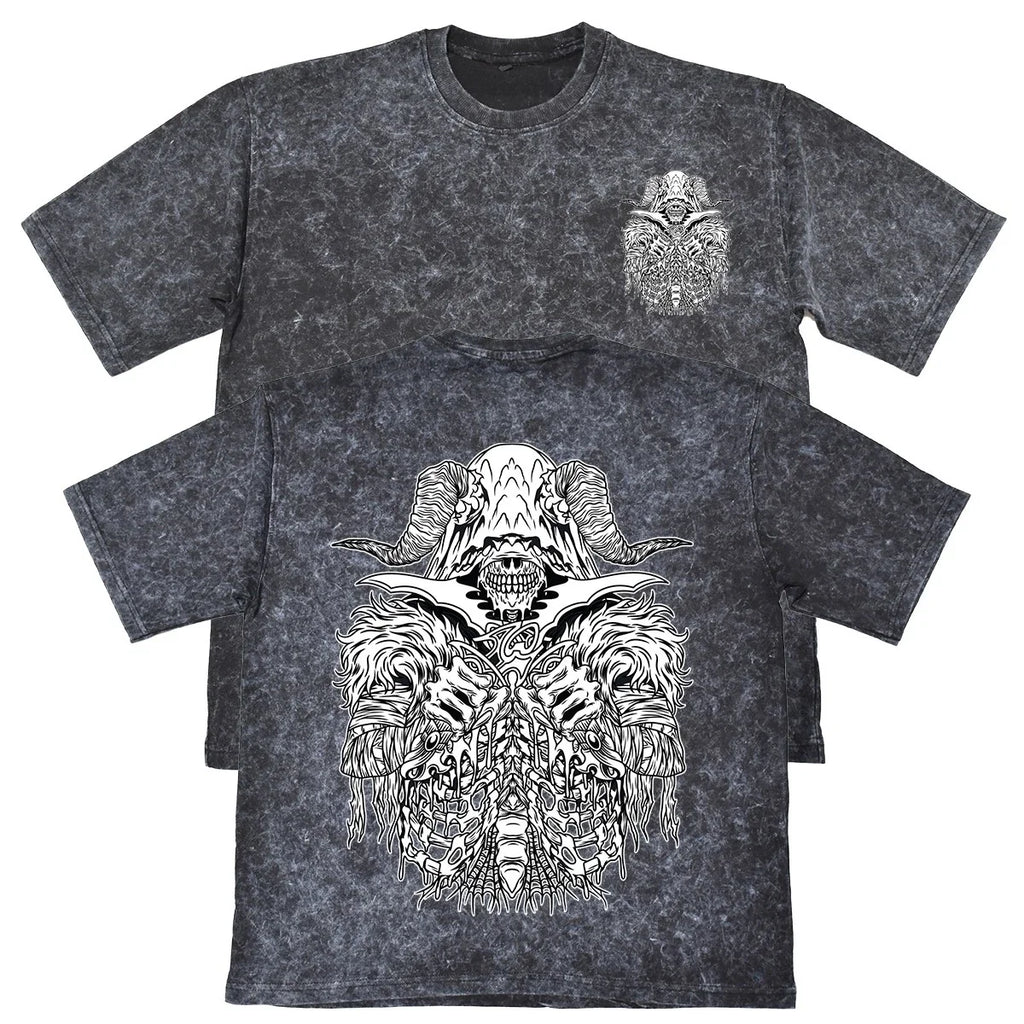 Horned Skeleton Demon Mens Carbon Grey Heavyweight 240gsm Vintage T-Shirt