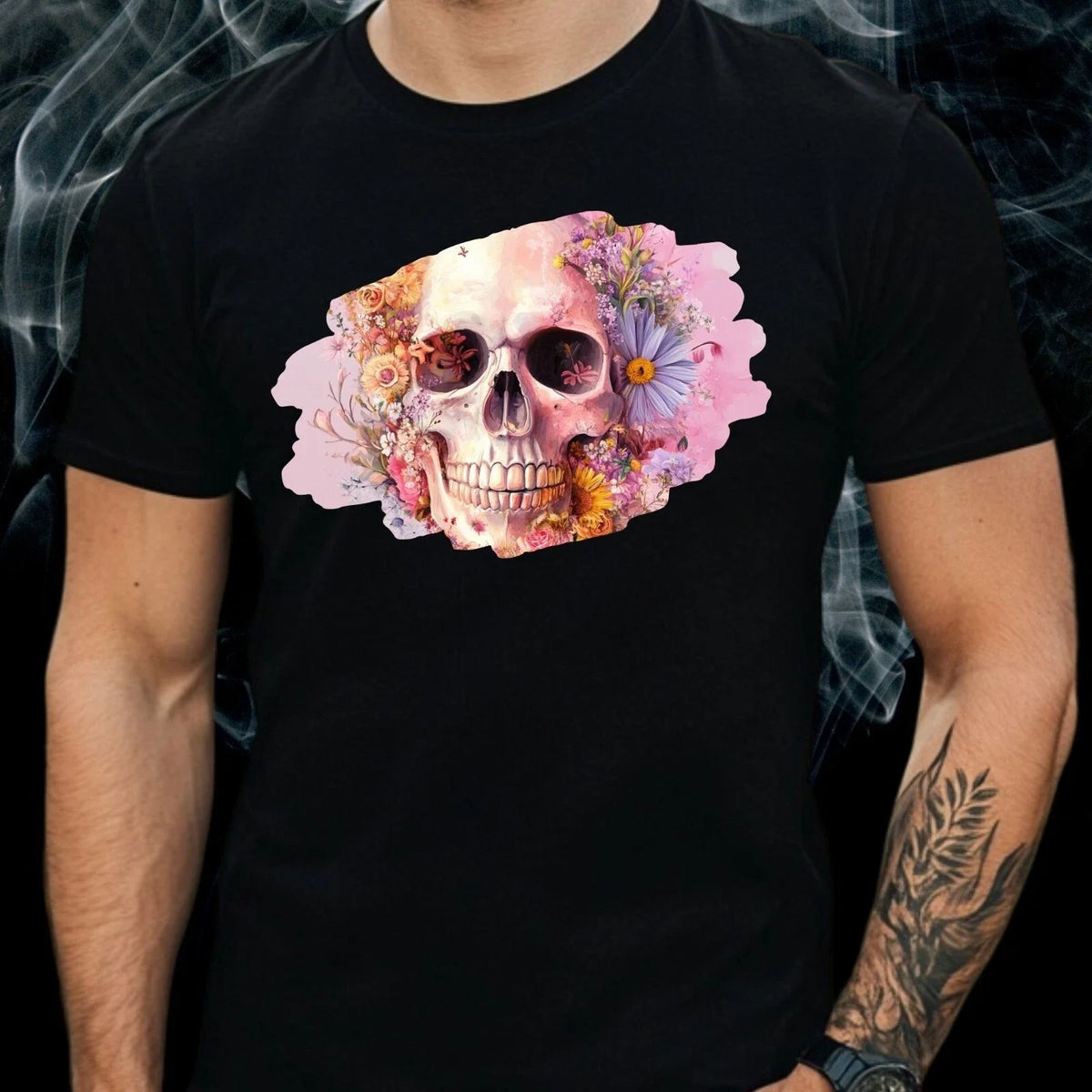Mens Pastel Floral Skull Motif Cotton T-Shirt Size XS to 5XL