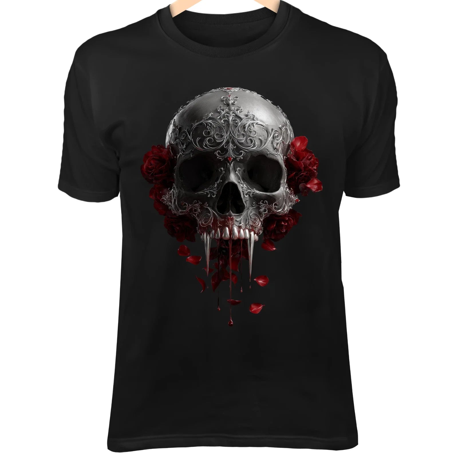 Vampire Skull T-Shirt – Blood Dripping Fangs, Gothic Filigree, Dark Rose Art