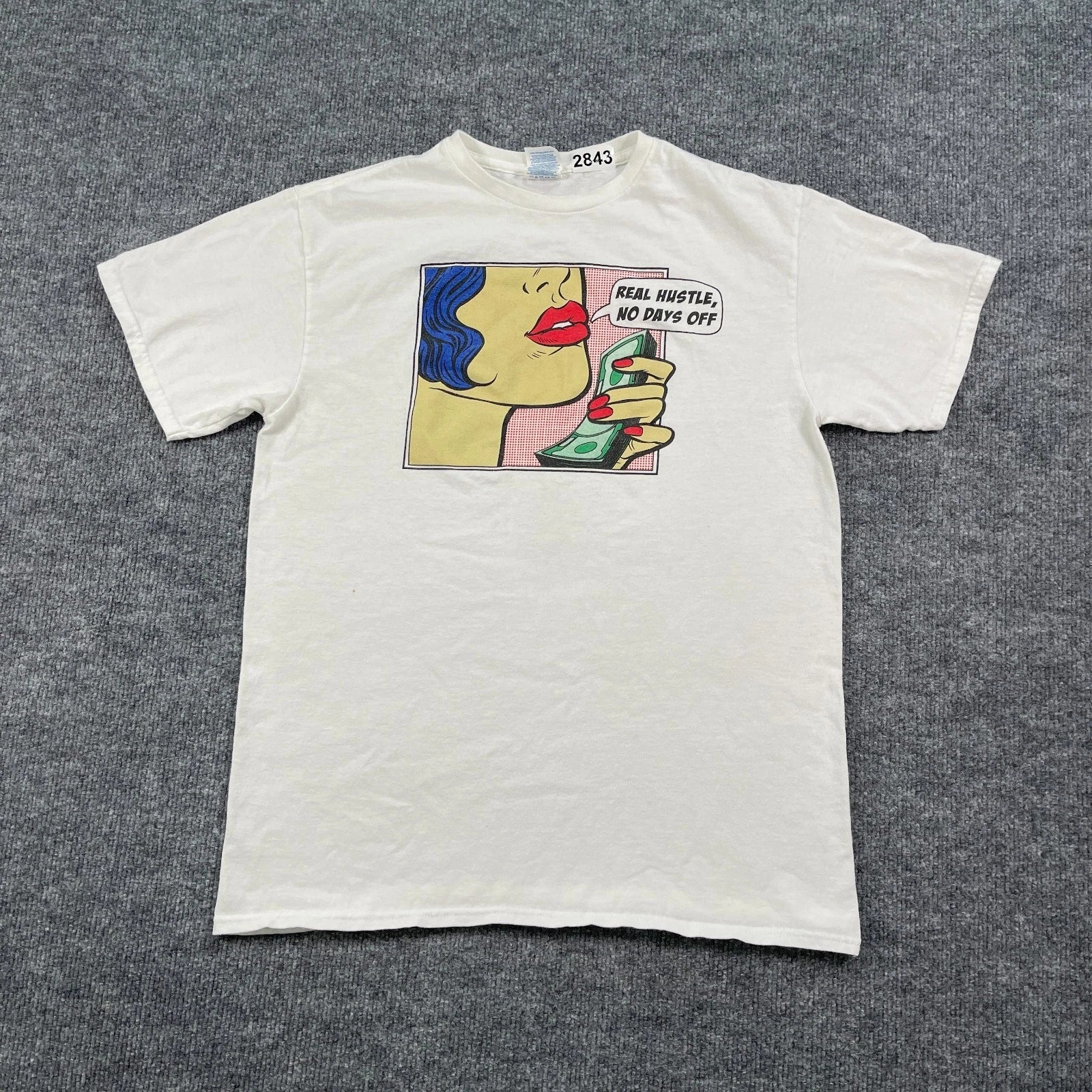 Vintage Y2K Real Hustle No Day-Off Pop Art Shirt Medium 19x25 White
