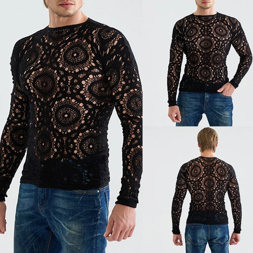 50% Polyester Fabric Men Long-Sleeved T-Shirts Sexy Hollow Out Top Fashionable