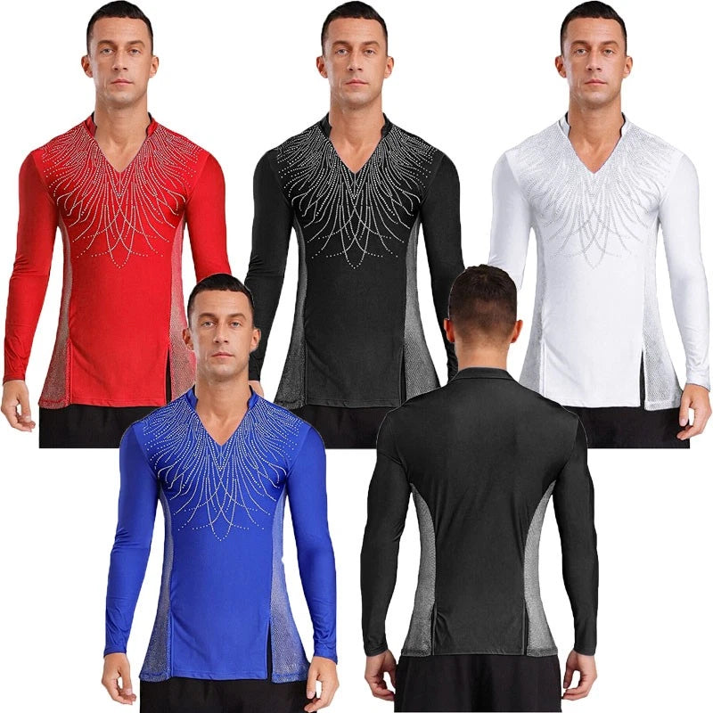 Agoky Men Latin Modern Ballroom Dance Tops Rhinestones Figure Skating AU