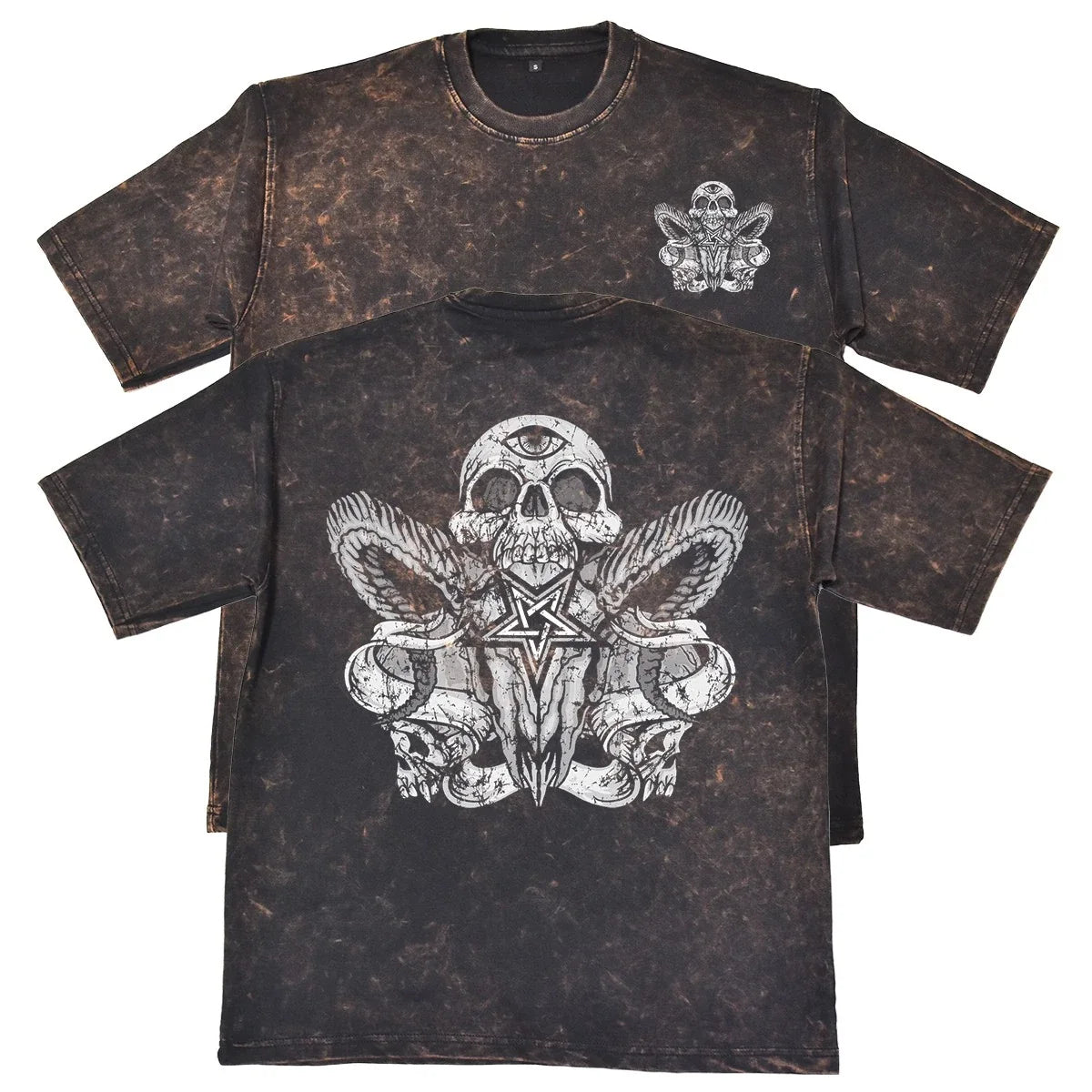 Skull Pentagram Graphic Unisex Mens Rust 240gsm French Terry Acid Wash T-Shirt