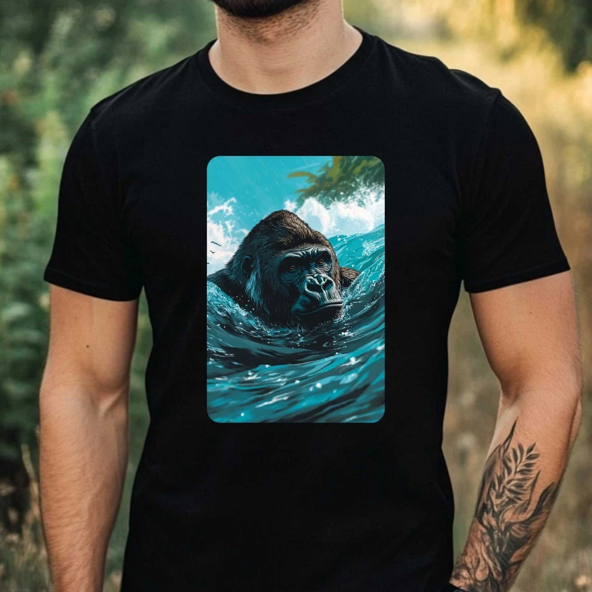 Mens Gorilla Swimming in Ocean Motif Cotton T-Shirt Size XS to 5XL
