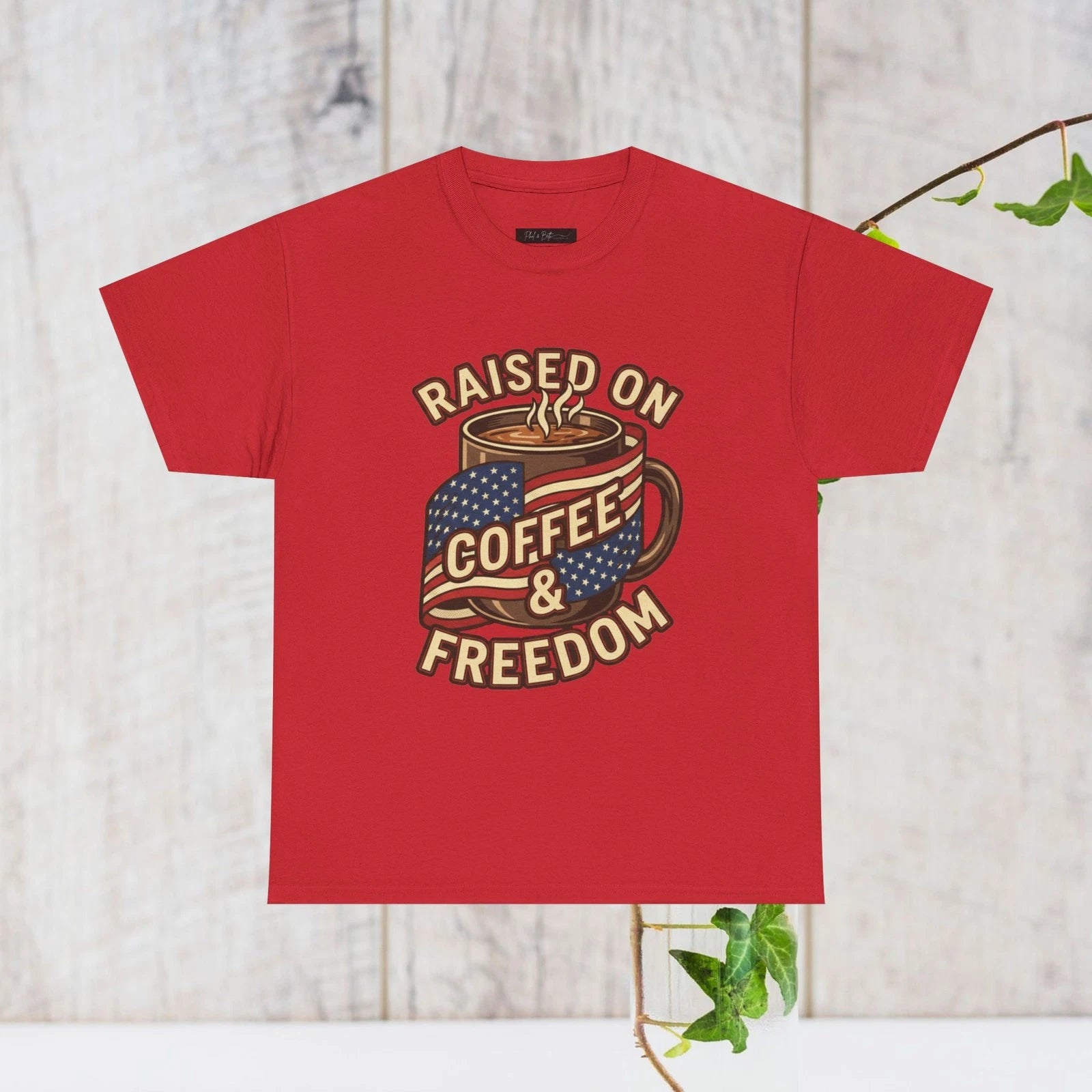 Raised on Coffee & Freedom Graphic T-Shirt Patriotic Cotton Tee for Men