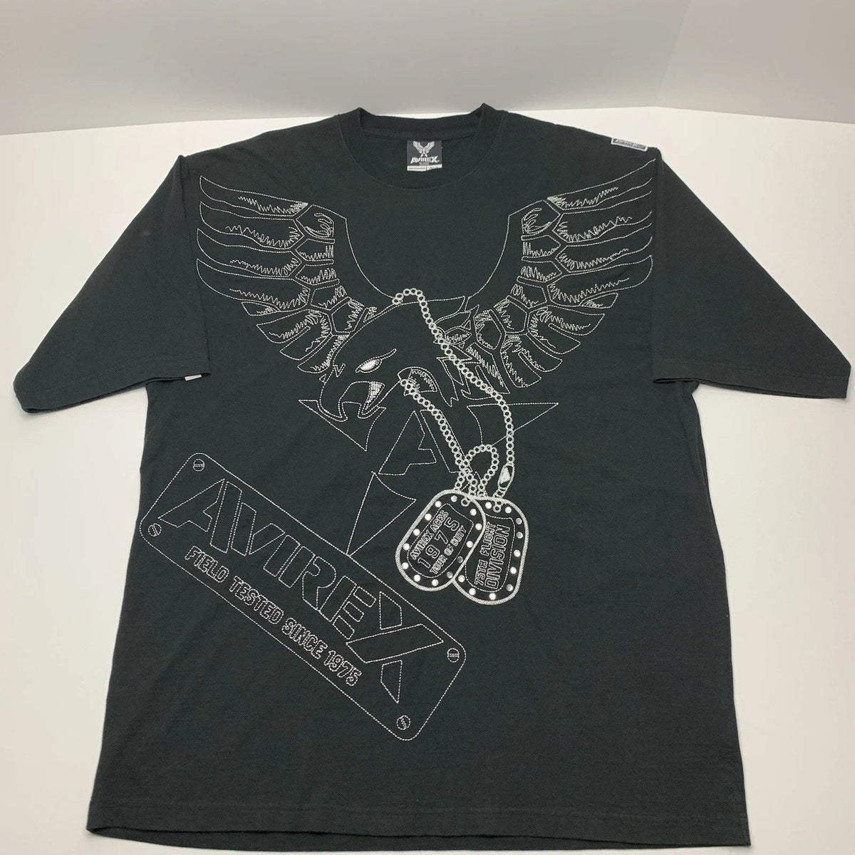 Vintage Avirex T-Shirt Y2k Eagle Dog Tag Black Oversized Tee Mens Size 3XL