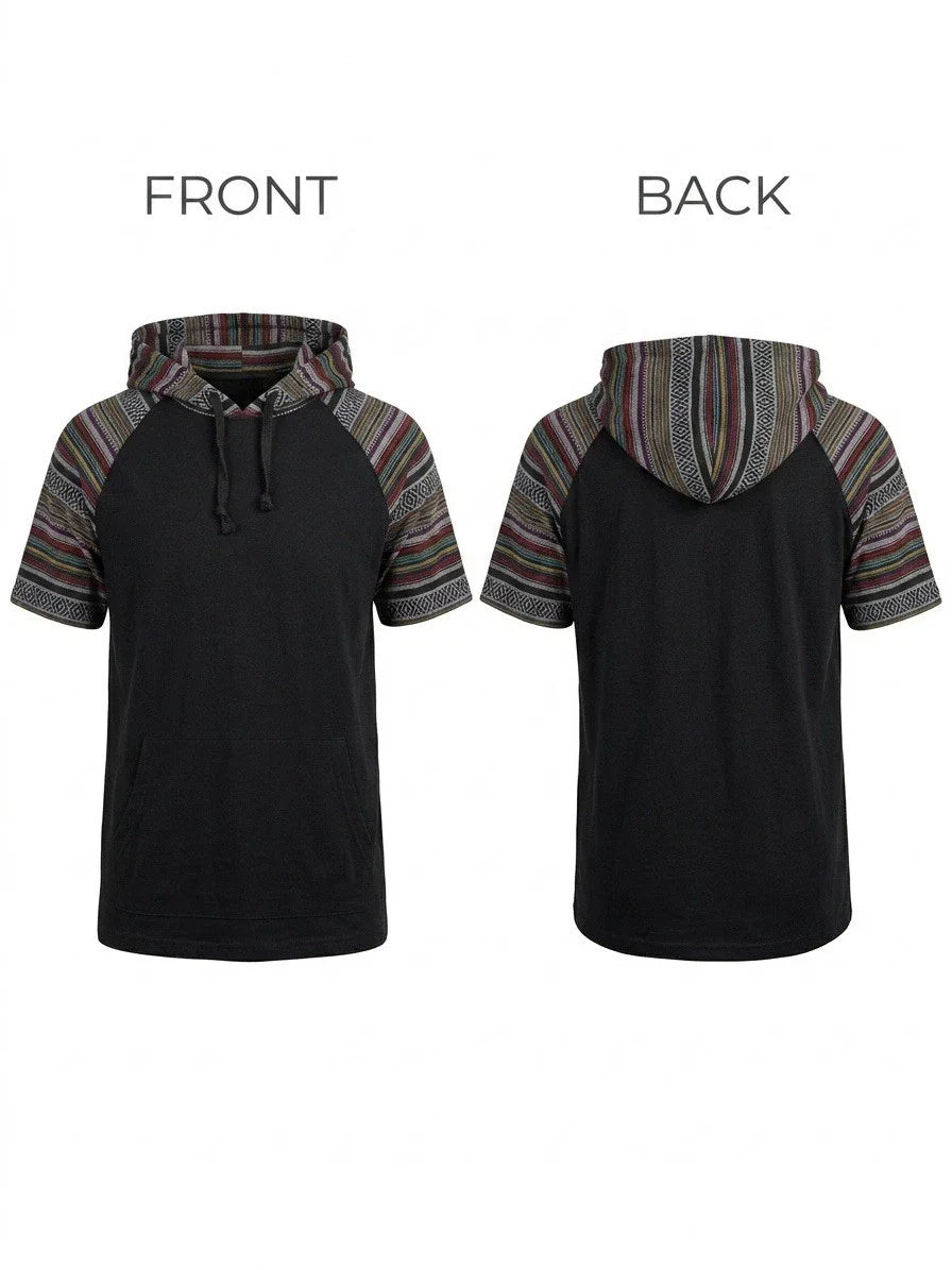 🧵Unixes Beautiful Giant Baja Hoodie Tee Black Serape Short Sleeve Mens L 09-9🧵