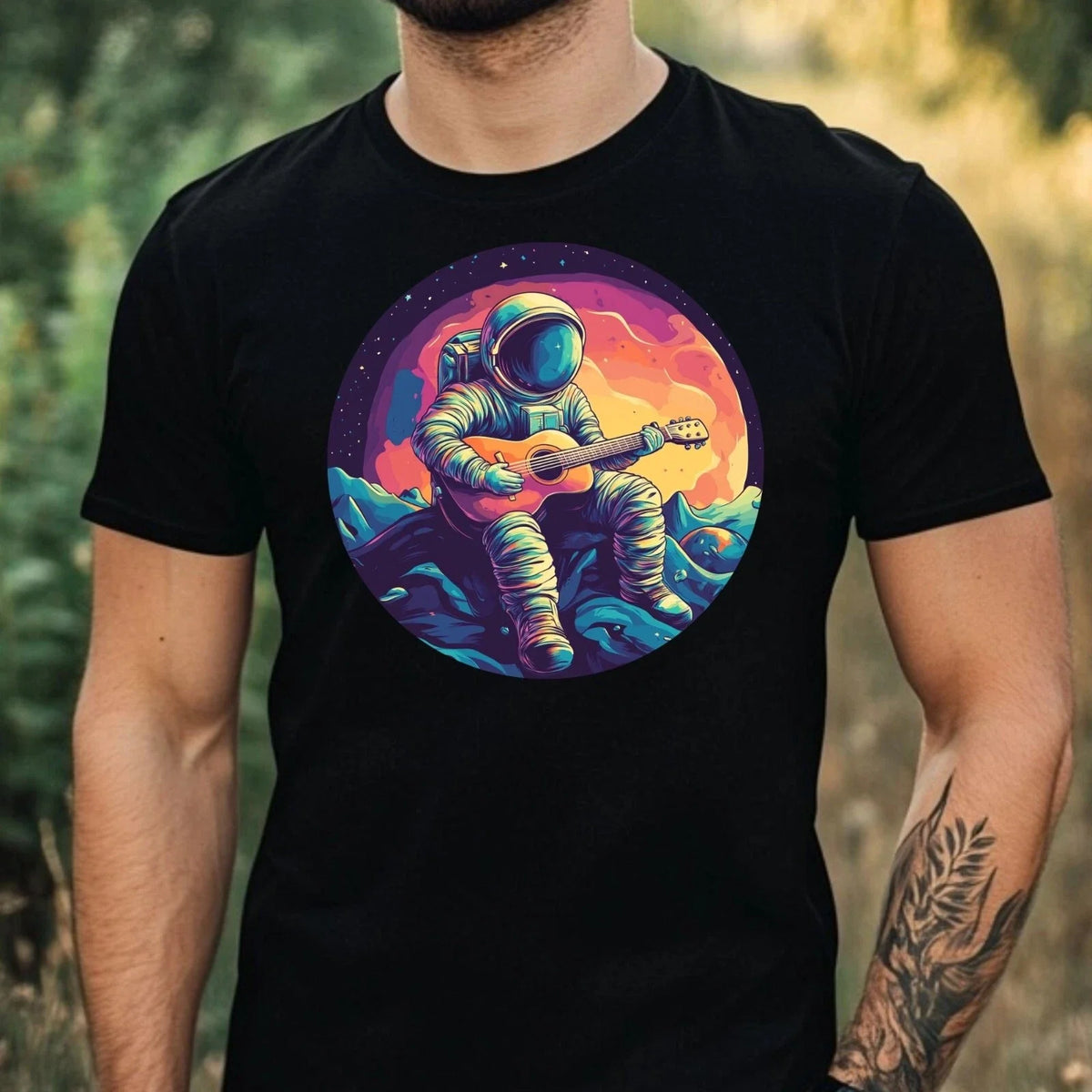 Mens Astronaut Playing Guitar Print Cotton T-Shirt Size XS to 5XL