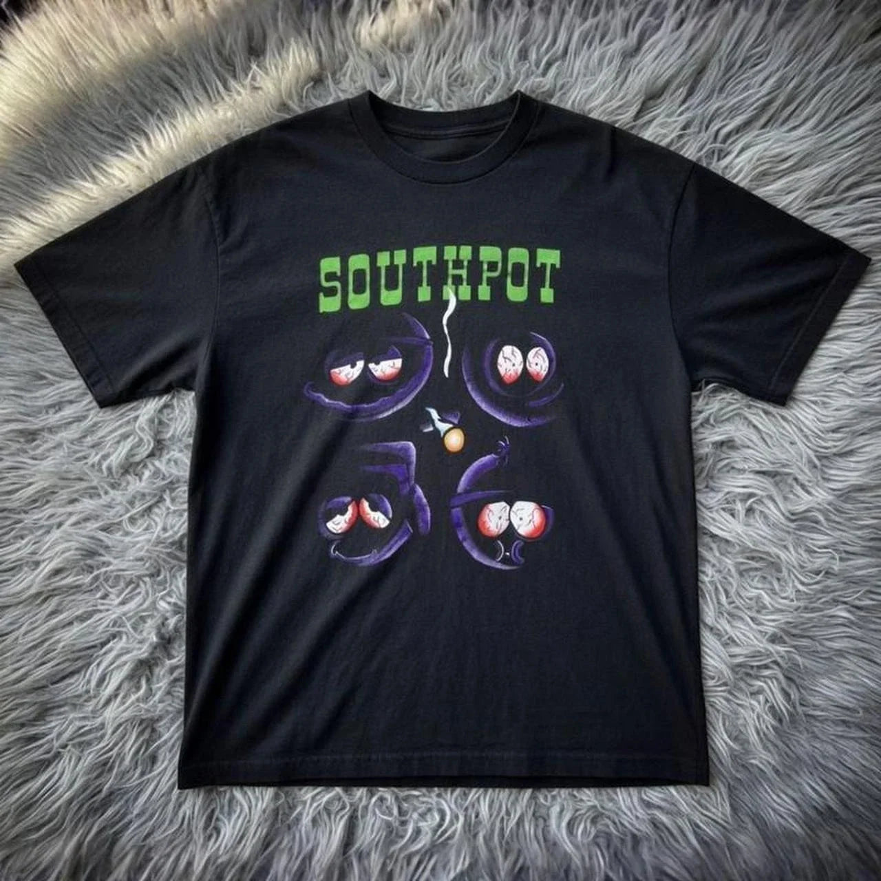 Southpot Smoking Purple Eyes Graphic Tee - Black Oversized Cartoon Streetwear Sh