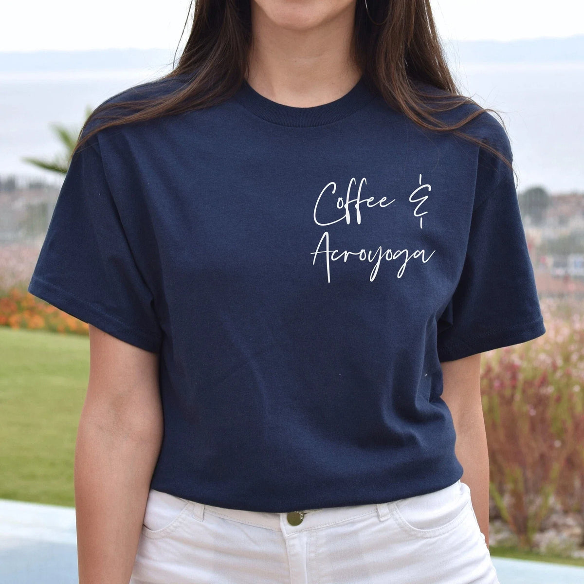 Coffee and acroyoga pocket Unisex T-shirt Yoga tee Black Navy Dark Heather