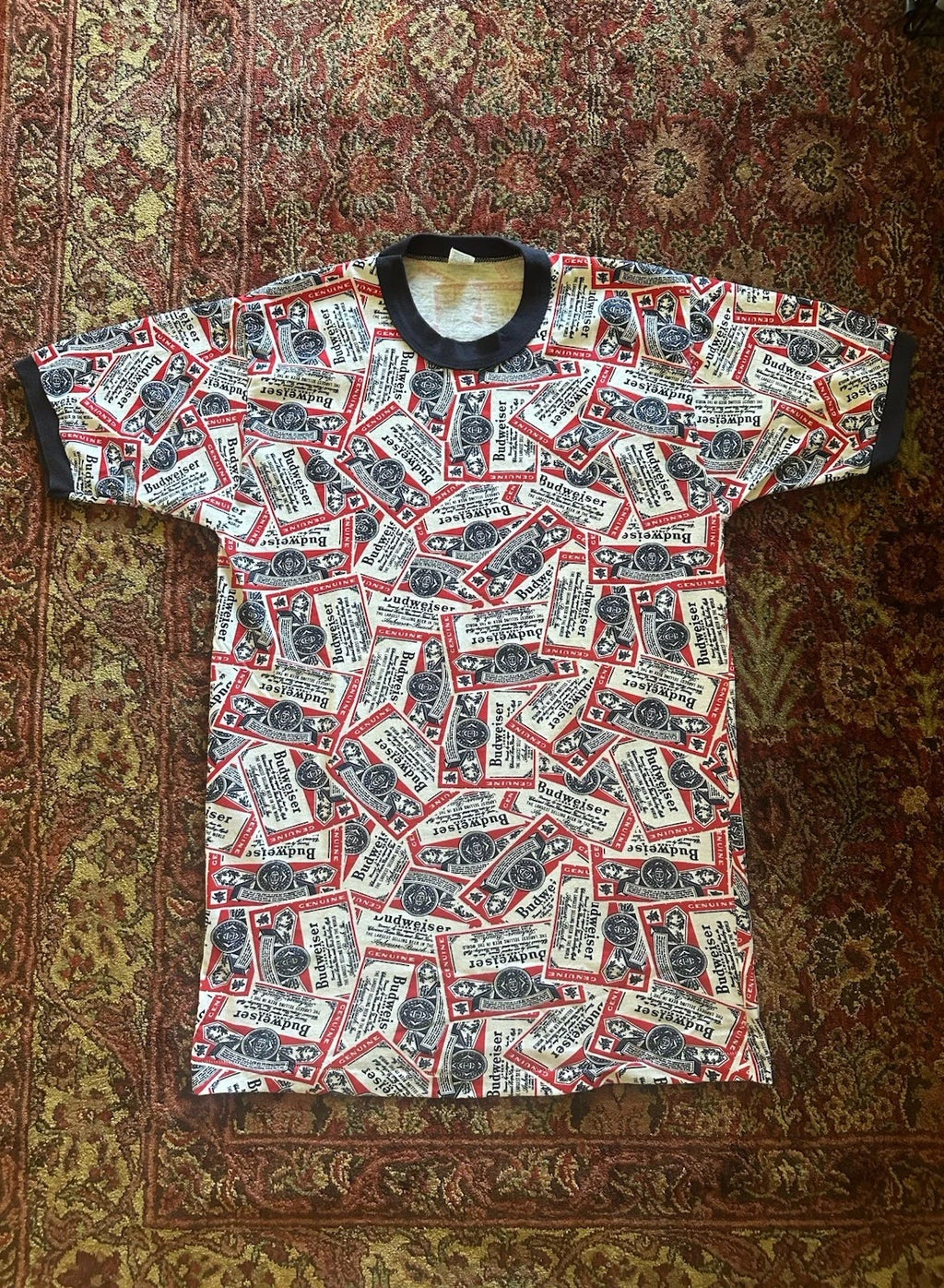 Vintage Budweiser All Over Print Ringer T Shirt Men’s Medium 70’s USA Beer Promo