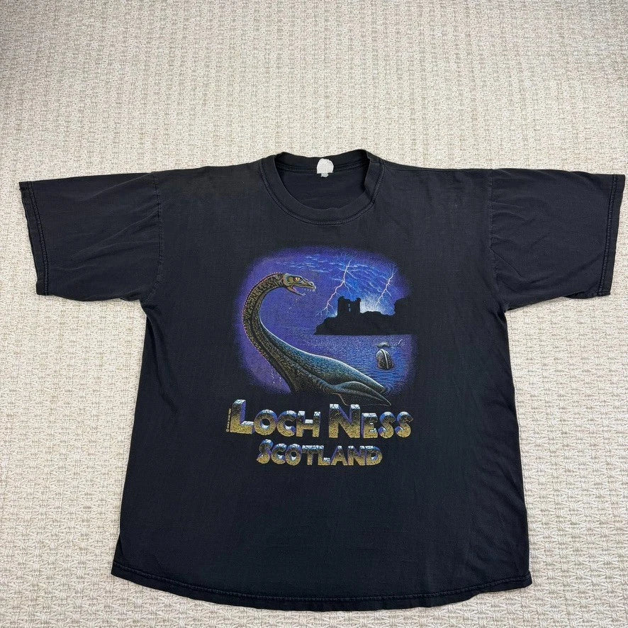 Vintage Loch Ness Monster Shirt Mens L Black Purple Scotland Big Print Y2K Tee
