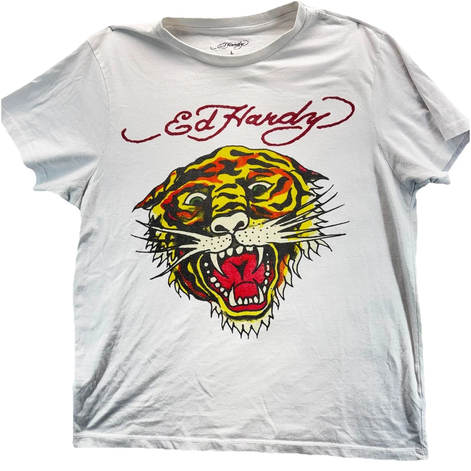 Ed Hardy White T-Shirt Tattoo Tiger Grunge Emo Logo Y2K Graphic Mens Large