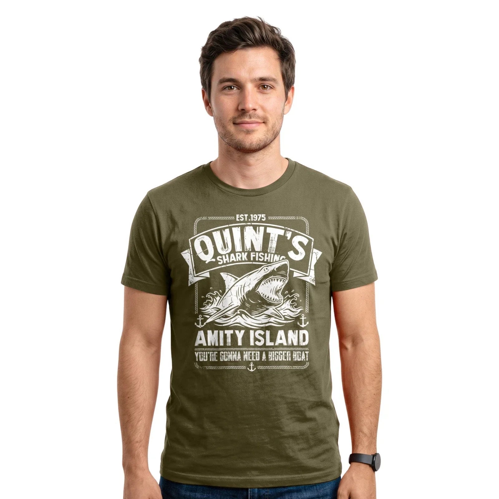 Quint’s Shark Fishing T-shirt | Amity Island Fisherman Retro 1975 Design Tee