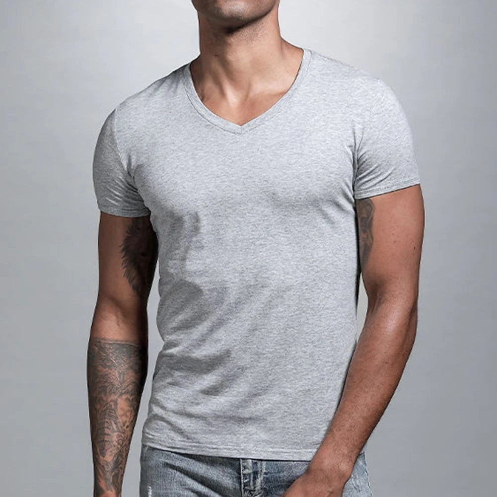 Trendy Black Man T Shirt Low Cut V Neck Comfortable Short Sleeve Pullover