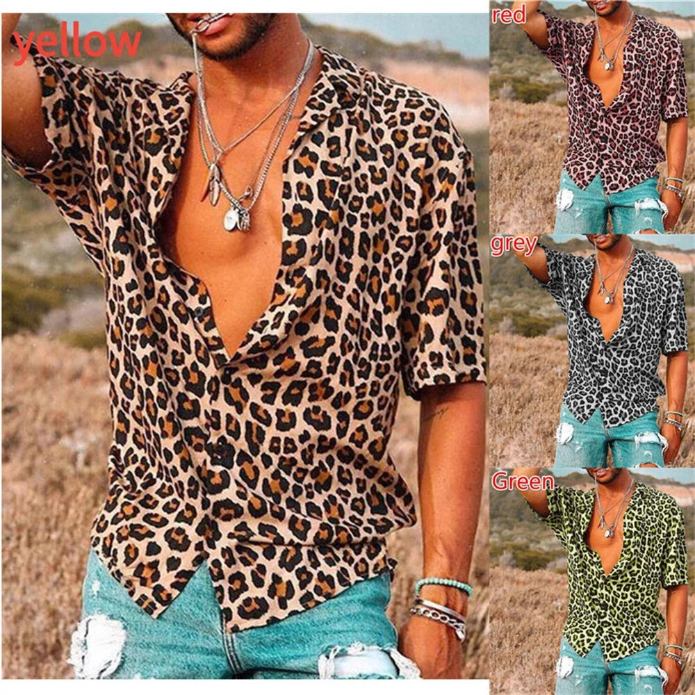 Men's Leopard Print Shirt Casual Slim Shirts Short Sleeve Button Down Top Blouse