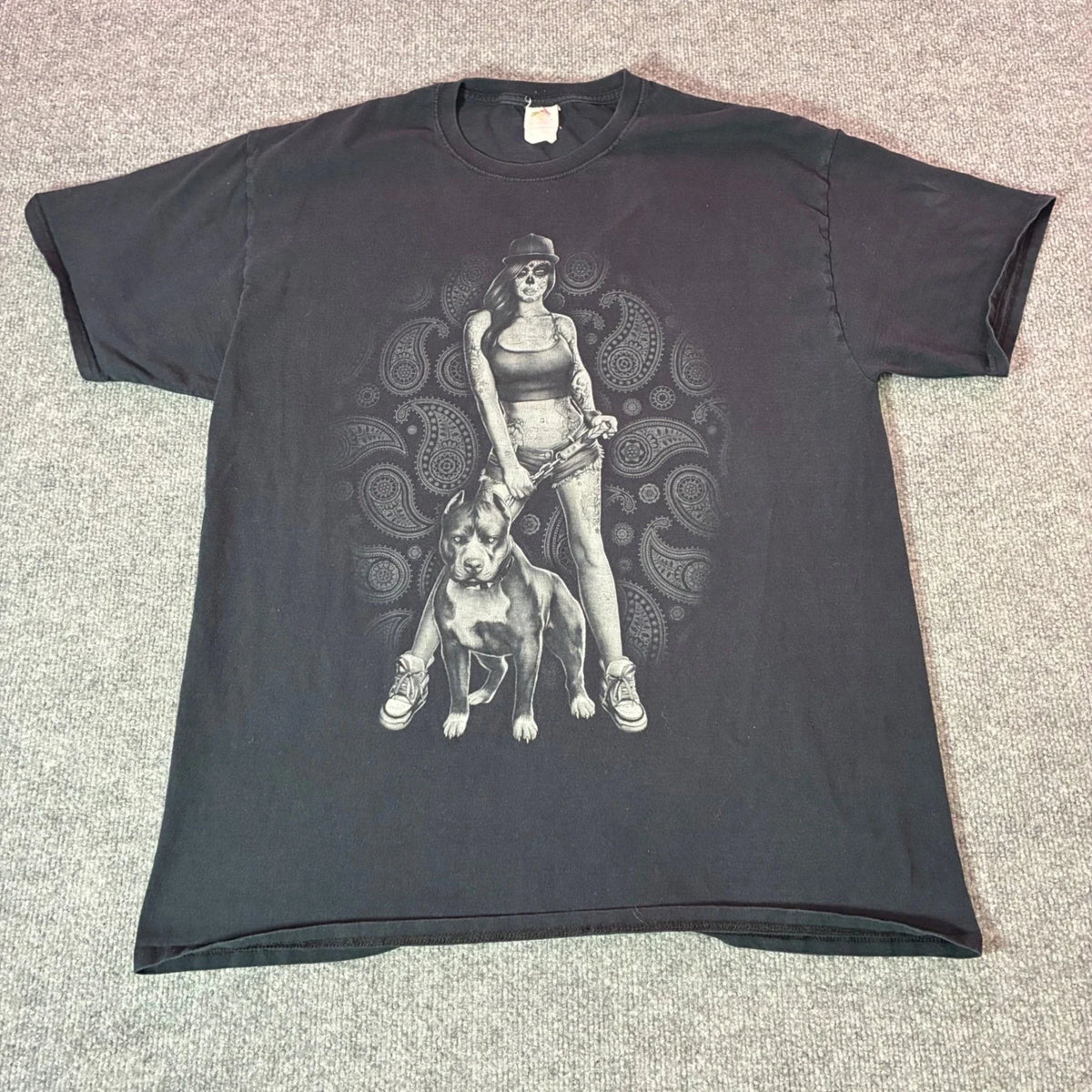 Y2K Pitbull Sugar Skull Tattoo Woman With Pitbull Black T-Shirt XL Grunge Skull