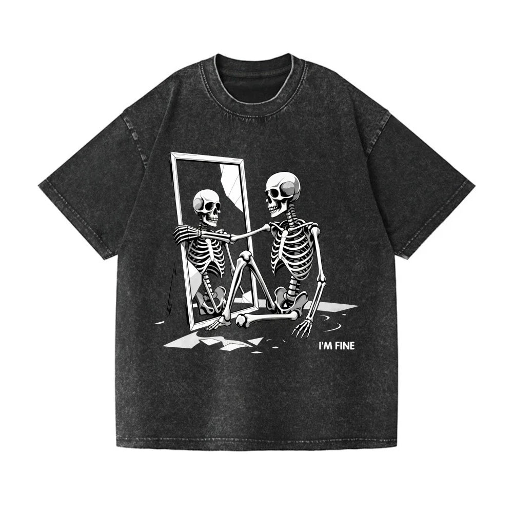 Funny Sarcastic "I'm Fine" Skeleton Graphic Washed Streetwear T-Shirt