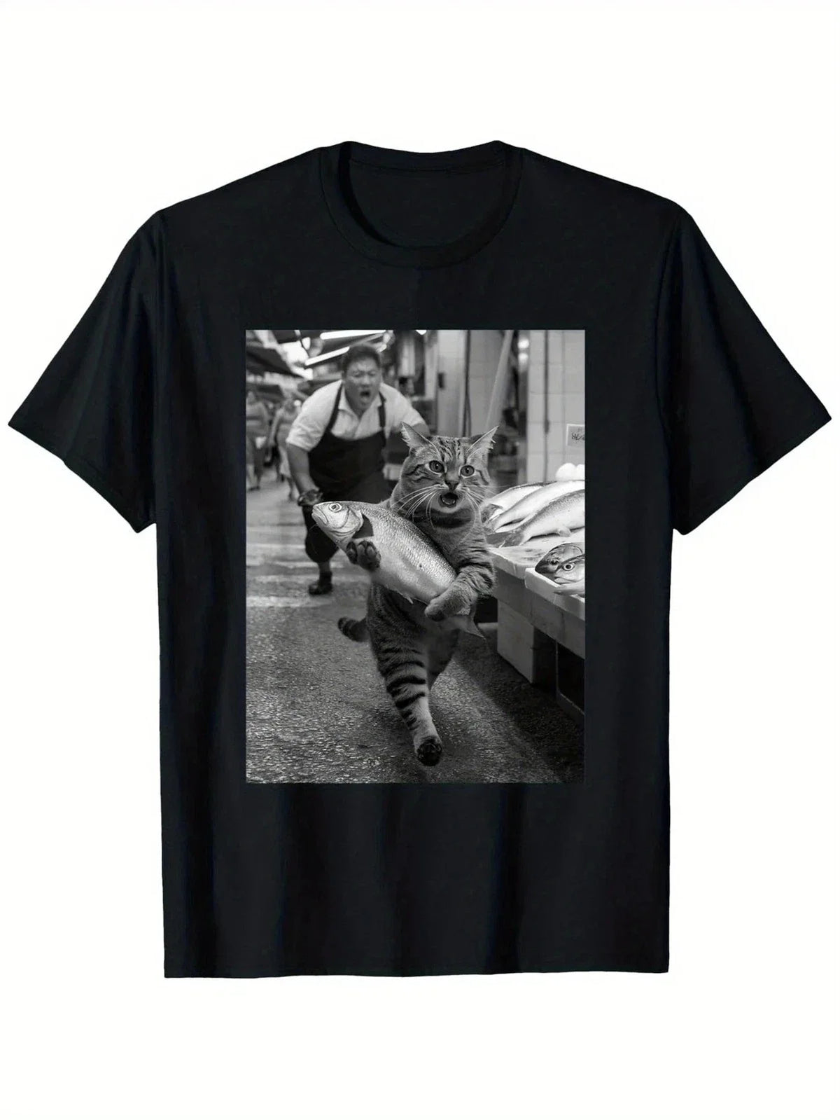 Funny Cat Steals Fish Market Black & White Meme T-Shirt | Unisex | 100% Cotton