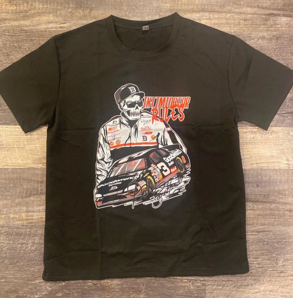 stylish racing car & skeleton pattern print mens comfy T-shirt, graphic tee smal