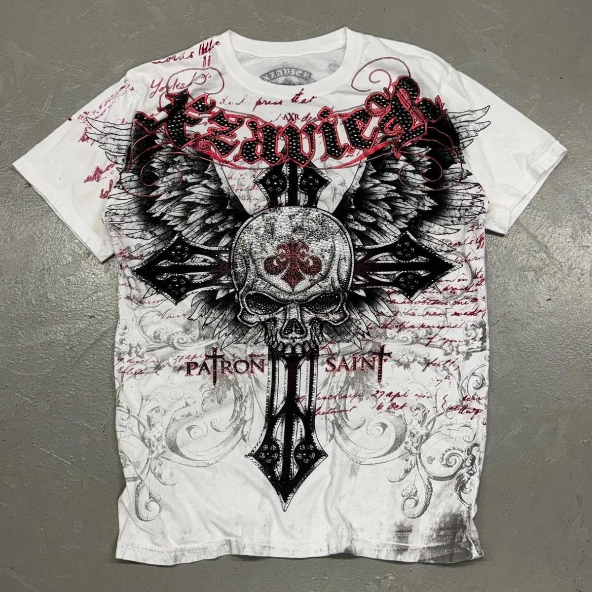 Y2K Xzavier Affliction styled Shirt Buckle L Skull Cross Wings Made In Usa