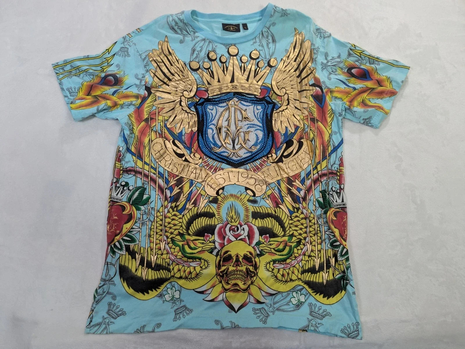 Vintage Y2K Ed Hardy Christian Audigier AOP Graphic Tee Shirt Size L