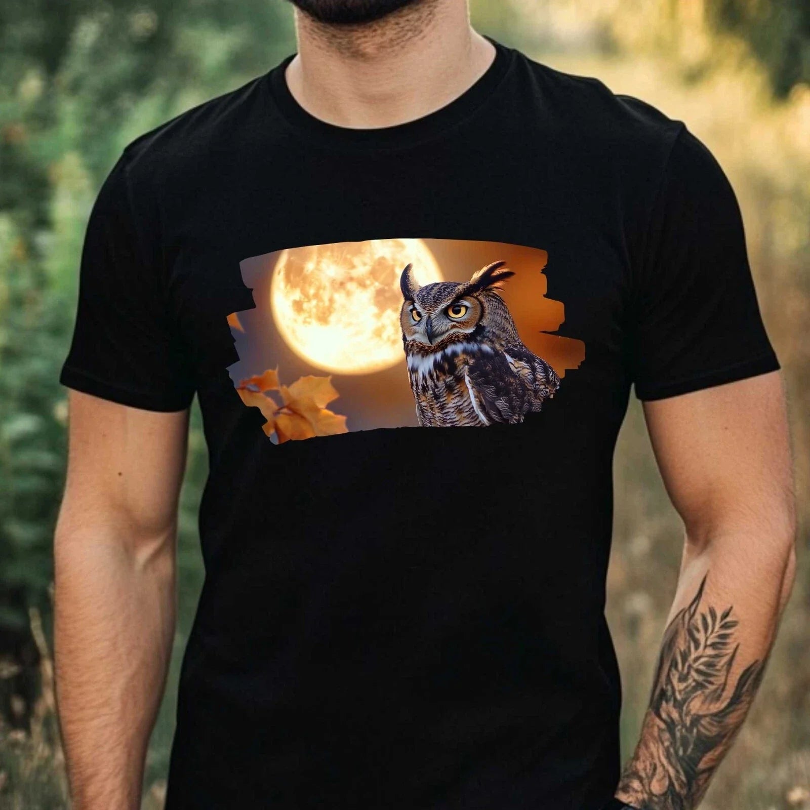 Mens Owl and Full Moon Motif Cotton T-Shirt Size XS to 5XL