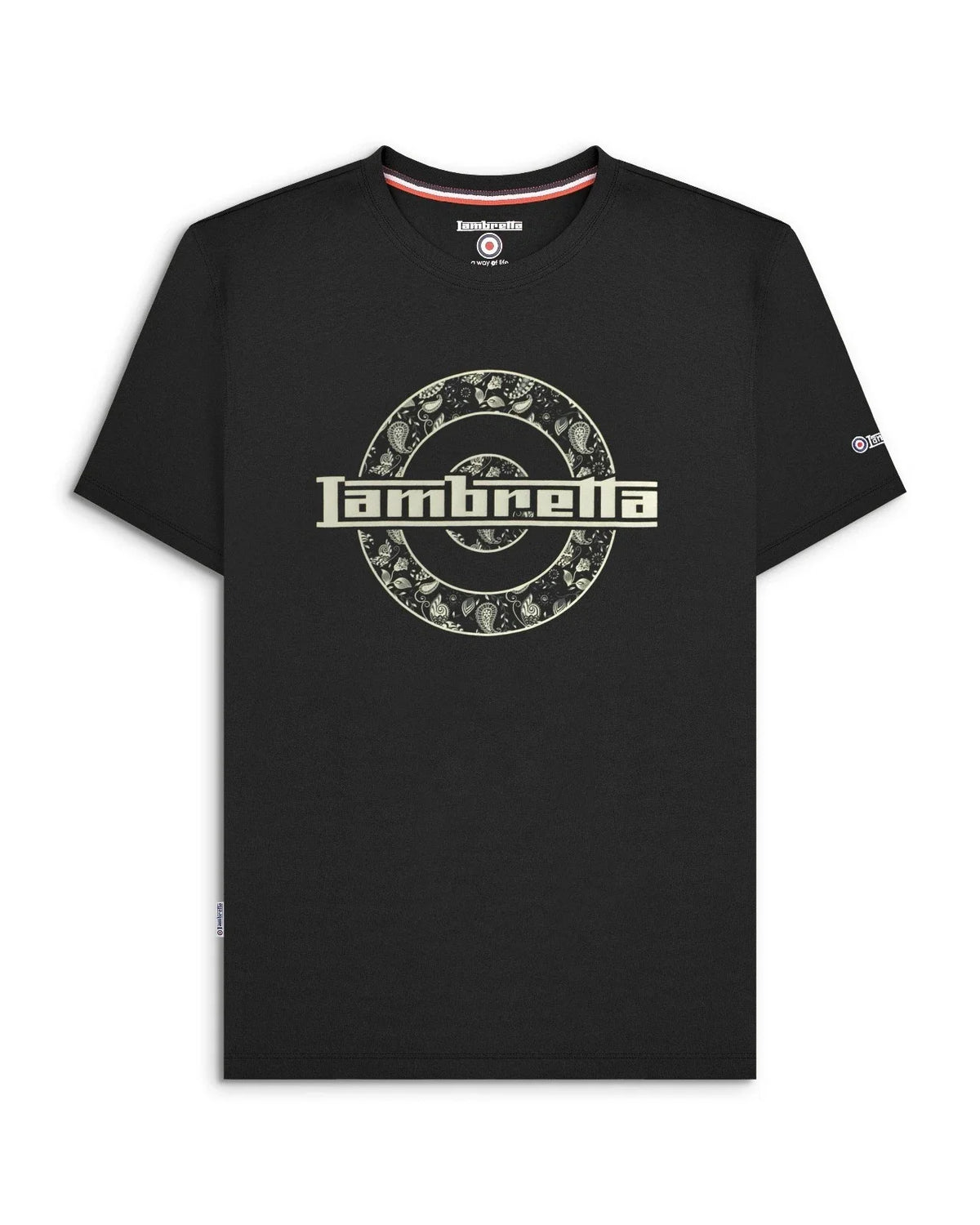 Lambretta Mens Black Paisley Target Logo Smart Classic Retro T-Shirt