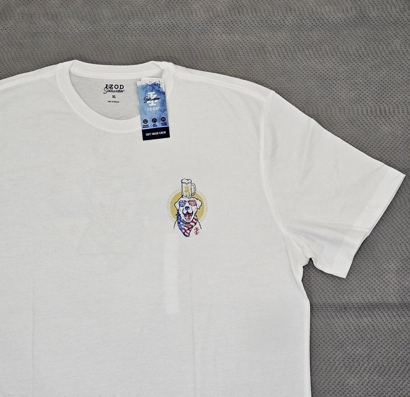 NWT Izod Saltwater 4th Of July White Tee Dog Beer Sunny Times Crew Neck  Size XL