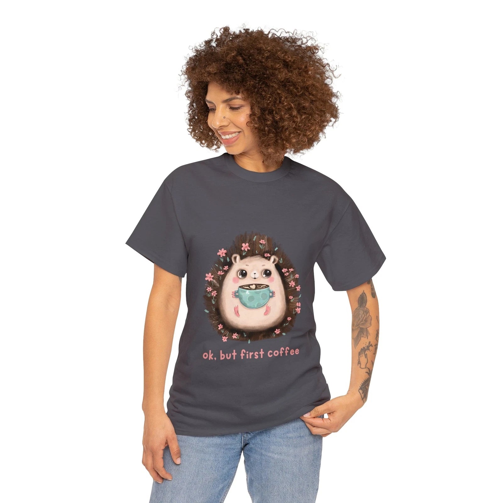 Pink Beige Cartoon Hedgehog Coffee T-shirt