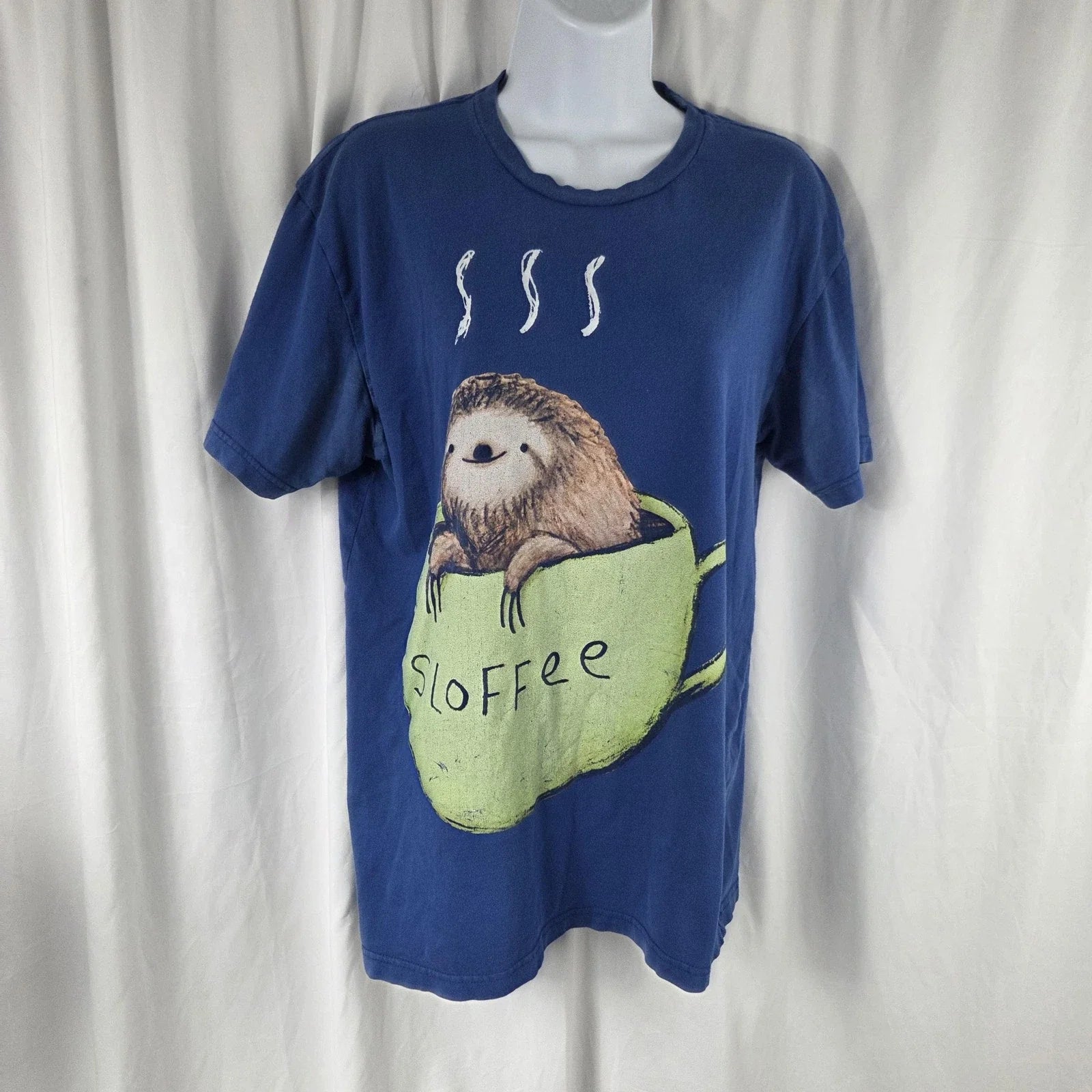 Design By Humans Shirt Mens Medium Blue Sloth Sloffee Coffee Graphic Tee Top