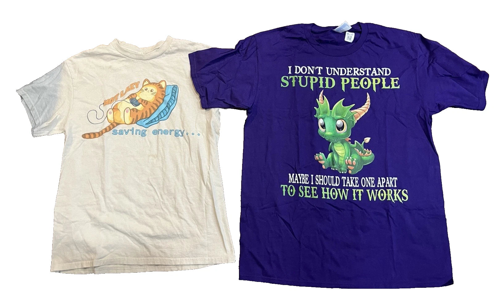 Funny Graphic T Shirt Lot Mens L Purple Dragon Sarcastic Tee + Not Lazy Cat Tee