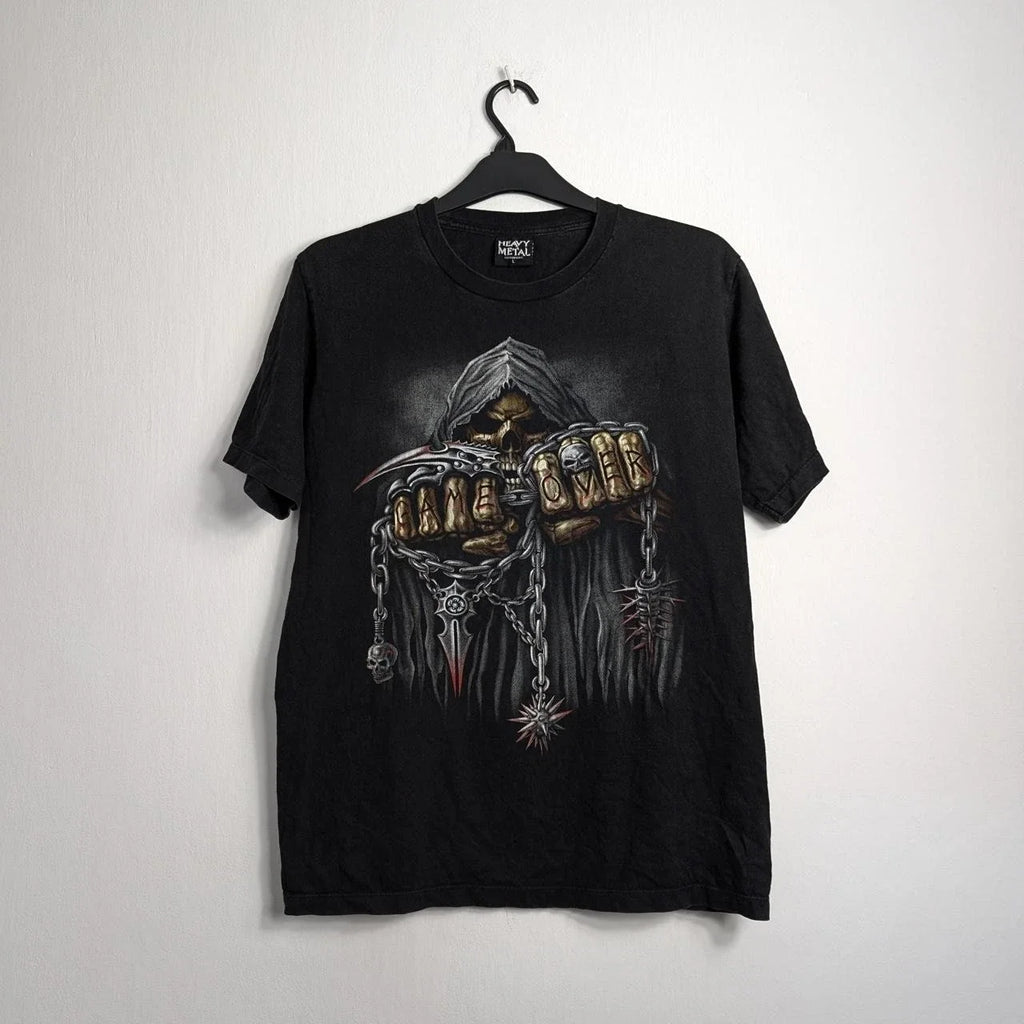 Y2K Heavy Metal Skull T-Shirt "Game Over" Reaper Gothic Biker Alt